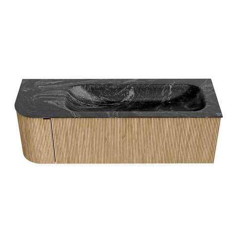 MONDIAZ KURVE-DLUX Meuble de salle de bains 135 cm avec module 25 L couleur Oak avec 1 tiroir et 1 porte. Lavabo BIG MEDIUM à droite sans trou de robinet couleur Lava. SW1138150