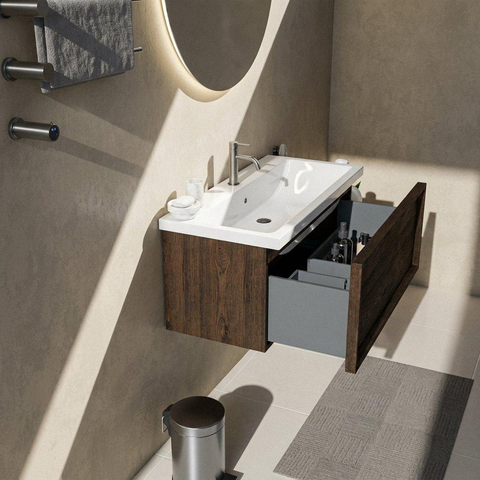 Saniclass Holz Frame Ensemble de meuble de salle de bains - 100x45x43.5cm - lavabo Bari en céramique blanc - 1 vasque - 1 trou de robinetterie - 1 tiroir - chêne charcoal mat (bois) SW1478756