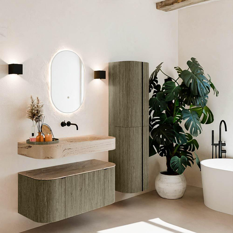 MONDIAZ THOR-DLUX 100cm meuble de salle de bains arrondi gauche + droite couleur Shadow avec 1 tiroir et 2 portes. Vasque suspendue CLOUD droite sans trou de robinet couleur Arena. SW1467464