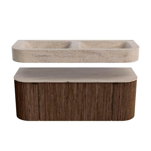 MONDIAZ THOR-DLUX 120cm badmeubel ronding links + rechts kleur Walnut met 1 lade en 2 deuren. Vrijhangende wastafel CLOUD Dubbel 2 kraangaten kleur Saba. SW1463478