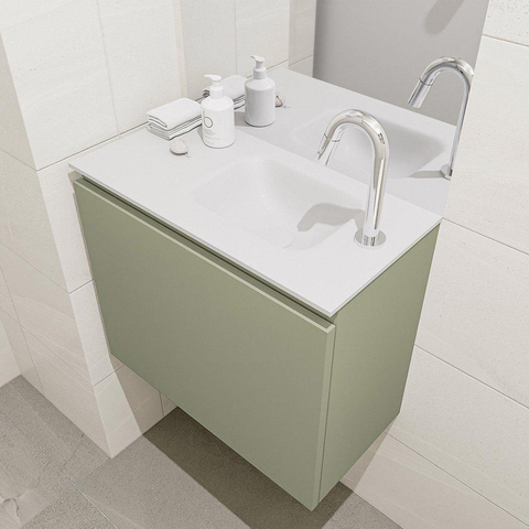 MONDIAZ OLAN Toiletmeubel 60x30x40cm met 1 kraangaten 1 lades army mat Wastafel Lex rechts Solid Surface Wit SW473324