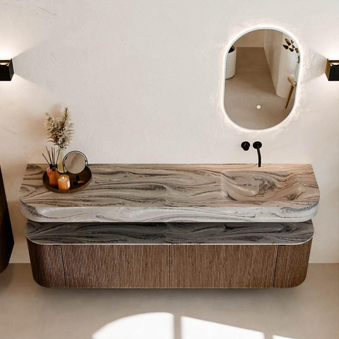 MONDIAZ THOR-DLUX 190cm meuble de salle de bains arrondi gauche + droite couleur Walnut avec 2 tiroirs et 2 portes. Vasque suspendue CLOUD droite sans trou de robinet couleur Sombra. SW1466691