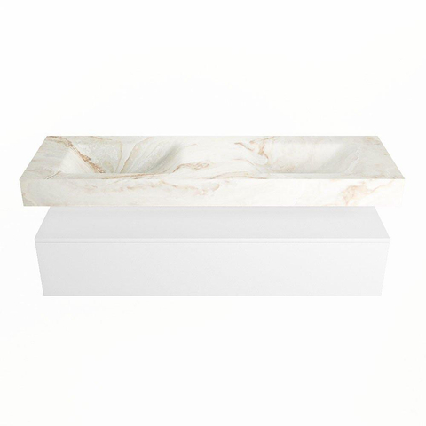 Mondiaz ALAN-DLUX Ensemble de meuble - 150cm - meuble Talc mat - 1 tiroir - Lavabo Cloud Frappe suspendu - vasque Gauche et droite - 2 trous de robinet SW804691