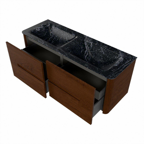 Mondiaz CIRO-DLUX Meuble de salle de bains - 130x45x50cm - Plan vasque solid surface Lava - 2 cuves double - sans trous de robinetterie - 4 tiroirs - Ruby SW1531591