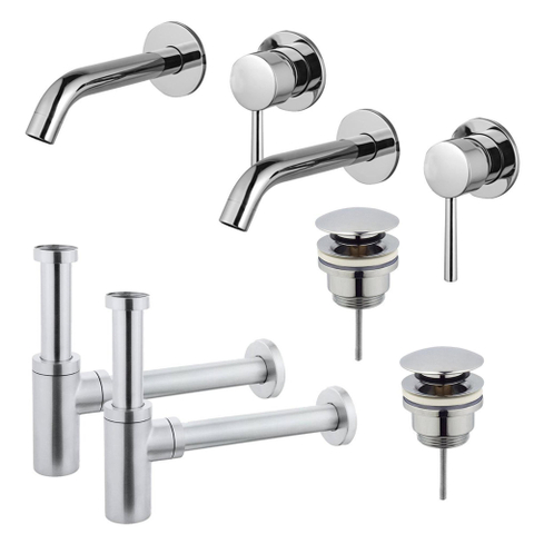 FugaFlow Eccelente Sobrado Kit robinet lavabo - pour double vasque - robinet rehaussé - bonde clic clac - siphon design - Chrome brillant SW1124260