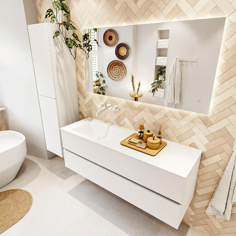 VICA Meuble de salle de bains 140cm sous-meuble Talc 2 tiroirs. Lavabo CLOUD gauche sans trou de robinet, couleur Talc. SW1172854