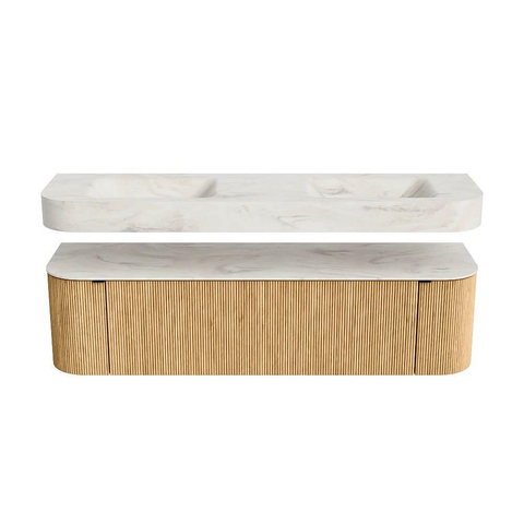 MONDIAZ THOR-DLUX 170cm badmeubel ronding links + rechts kleur Oak met 1 lade en 2 deuren. Vrijhangende wastafel CLOUD Dubbel 2 kraangaten kleur Ostra. SW1465550