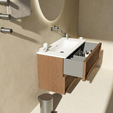 Saniclass Holz Frame Badkamermeubelset - 100x45x77.5cm - Torino solid surface wastafel wit - zonder kraangat - 2 lades - mat walnut pure (hout) SW1579919