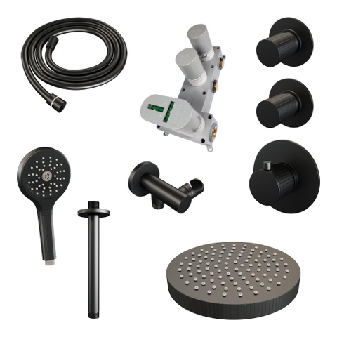 BRAUER Stripe Douche de pluie thermostatique encastrée - SET 06 - pomme de douche 25cm - bras plafond - douchette 3 positions - flexible de douche - coude mural - noir mat SW1435133