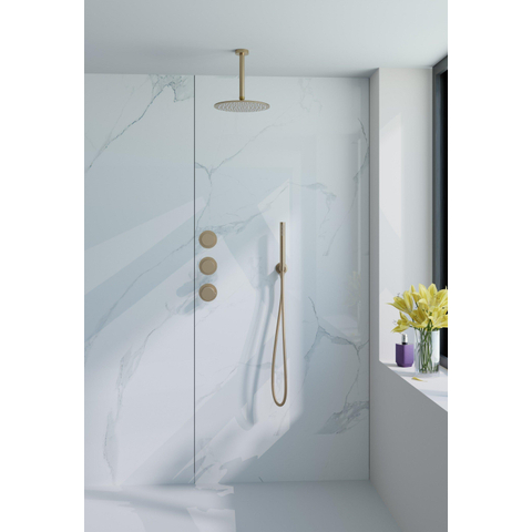 Fortifura Nebbio Regendoucheset - inbouwkraan - inbouwdeel - wandaansluitbocht- - doucheslang metaal - staafhanddouche - 20cm plafondarm - ronde hoofddouche - PVD - geborsteld messing (goud) SW1447135