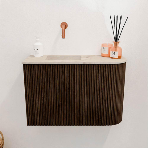 Mondiaz JOYA-DLUX 61.6cm toiletmeubel - ronding rechts kleur Walnut - Wastafel FAYE positie Links Zonder kraangat kleur Frappe. SW1422322