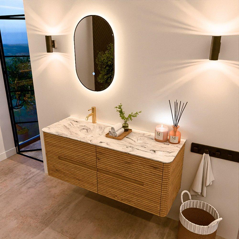 Mondiaz CIRO-DLUX Badkamermeubelset - 130x45x50cm - Solid surface wastafel Glace - 1 wasbak Links - 1 kraangat - 4 lades - Oak SW1530808