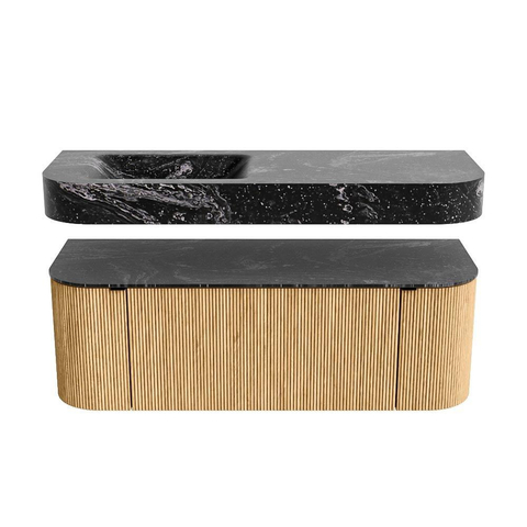 MONDIAZ THOR-DLUX 130cm badmeubel ronding links + rechts kleur Oak met 1 lade en 2 deuren. Vrijhangende wastafel CLOUD Links zonder kraangat kleur Lava. SW1463513