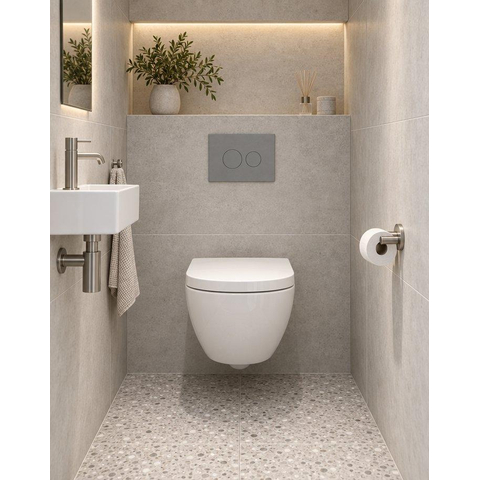 QeramiQ Dely Swirl Compact Toiletset - inbouwreservoir QeramiQ flush - 25mm zitting - kunststof bedieningsplaat licht grijs - ronde knoppen - glans wit SW1590632