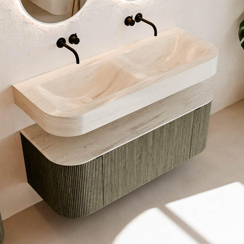 MONDIAZ THOR-DLUX 120cm meuble de salle de bains arrondi gauche + droite couleur Shadow avec 1 tiroir et 2 portes. Vasque suspendue CLOUD Double sans trou de robinet couleur Meli. SW1463328