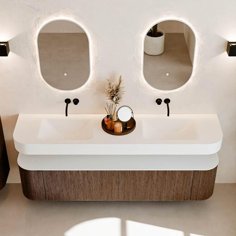 MONDIAZ THOR 190cm badmeubel ronding links + rechts kleur Walnut met 2 lades en 2 deuren. Vrijhangende wastafel CLOUD Dubbel zonder kraangat kleur Talc. SW1466411