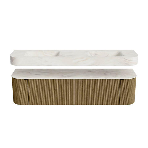 MONDIAZ THOR-DLUX Meuble de salle de bains - 180cm - arrondi gauche + droite - couleur Dusk - 2 tiroirs et 2 portes - Vasque suspendue CLOUD Double sans trou de robinet - couleur Ostra SW1466017
