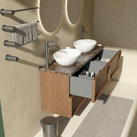Saniclass Holz Frame Badkamermeubelset - 140x45x63cm - Noche natuurstenen topblad dark emperador - 2 kraangaten - 4 lades - glans walnut pure (hout) SW1579949