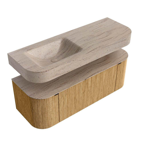MONDIAZ THOR-DLUX 130cm badmeubel ronding links + rechts kleur Oak met 1 lade en 2 deuren. Vrijhangende wastafel CLOUD Links zonder kraangat kleur Saba. SW1464036