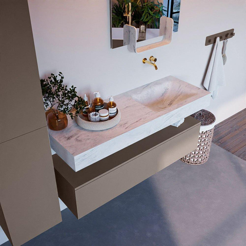 Mondiaz ALAN-DLUX Ensemble de meuble - 130cm - meuble Smoke mat - 1 tiroir - Lavabo Cloud Opalo suspendu - vasque Droite - 0 trous de robinet SW806554