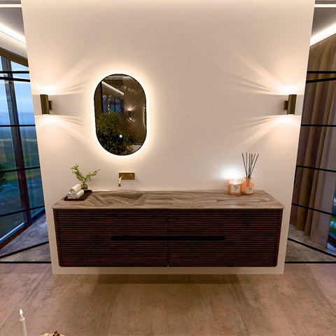 Mondiaz CIRO-DLUX Ensemble de meubles de salle de bains - 180x45x50cm - vasque solid surface Sombra - 1 bassin à gauche - sans trous de robinetterie - 4 tiroirs - Noyer SW1530806
