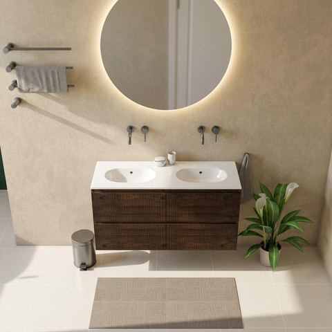 Saniclass Holz Atelier Ensemble de meubles de salle de bains - 120x45x74cm - Chaci lavabo en céramique blanc - 2 vasques - sans trous de robinetterie - 2 tiroirs - chêne charcoal mat (bois) SW1478824