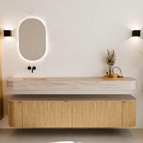 MONDIAZ THOR-DLUX 200cm meuble de salle de bains arrondi gauche + droite couleur Oak avec 2 tiroirs et 2 portes. Vasque suspendue CLOUD Gauche sans trou de robinet couleur Saba. SW1467222