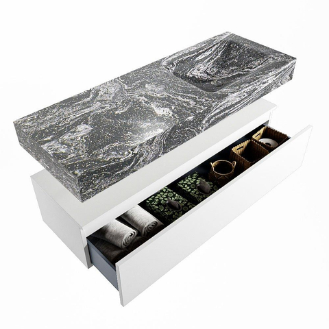 Mondiaz ALAN-DLUX Ensemble de meuble - 130cm - meuble Talc mat - 1 tiroir - Lavabo Cloud Lava suspendu - vasque droite - 0 trous de robinet SW807919
