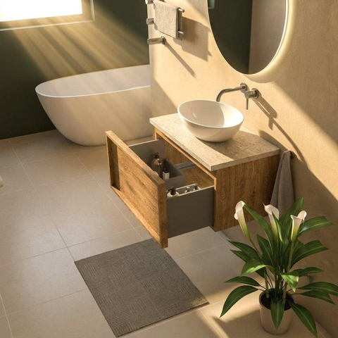 Saniclass Holz Frame Ensemble meuble de salle de bains - 80x45x43cm - Plan de toilette en pierre naturelle travertin - sans trou de robinetterie - 1 tiroir - chêne natural mat (bois) SW1478839