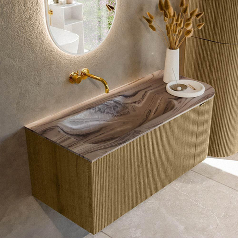MONDIAZ KURVE-DLUX meuble de salle de bains 105 cm arrondi à droite couleur Dusk avec 1 tiroir et 1 porte. Lavabo BIG SMALL à gauche sans trou de robinet Sombra. SW1433840