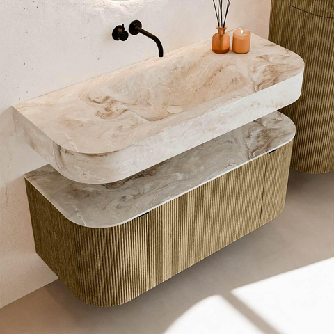 MONDIAZ THOR-DLUX 110cm badmeubel ronding links + rechts kleur Dusk met 1 lade en 2 deuren. Vrijhangende wastafel CLOUD Midden zonder kraangat kleur Frappe. SW1462778