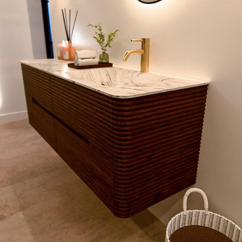 Mondiaz CIRO-DLUX Badkamermeubelset - 140x45x50cm - Solid surface wastafel Glace - 1 wasbak Rechts - 1 kraangat - 4 lades - Ruby SW1531665