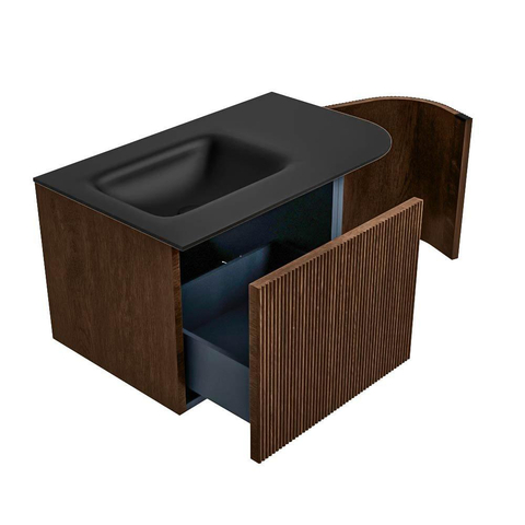 MONDIAZ KURVE 75cm badmeubel met module 25 R kleur Walnut met 1 lade en 1 deur. Wastafel GRUNNE links 1 kraangat Urban. SW1138440