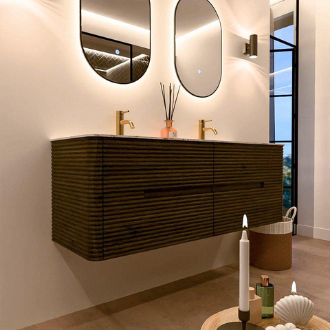 Mondiaz CIRO-DLUX Badkamermeubelset - 140x45x50cm - Solid surface wastafel Meli - 2 wasbak Dubbel - 2 kraangaten - 4 lades - Shadow SW1532517