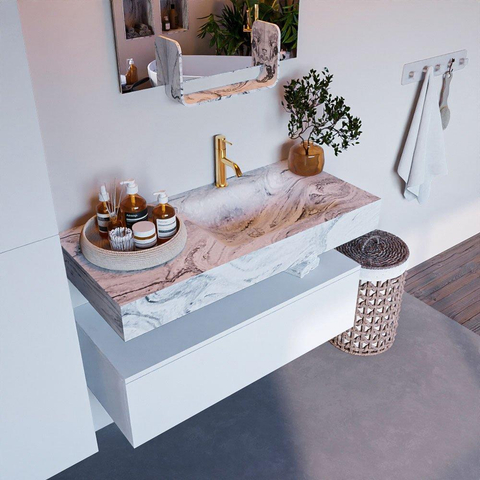 Mondiaz ALAN-DLUX Ensemble de meuble - 100cm - meuble Talc mat - 1 tiroir - Lavabo Cloud Glace suspendu - vasque Droite - 1 trou de robinet SW804984