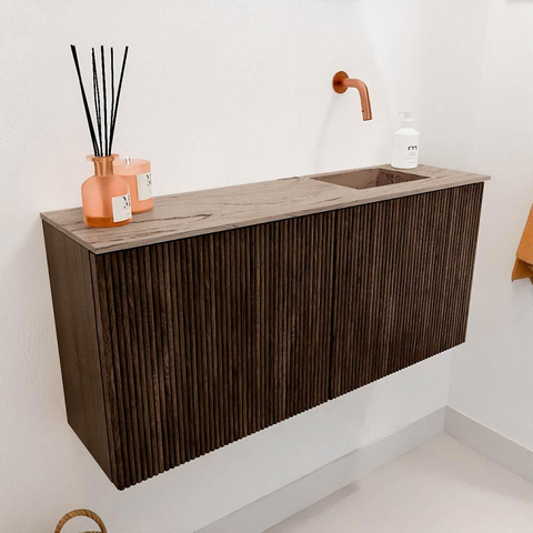 Mondiaz JOYA-DLUX 90cm toiletmeubel - kleur Walnut - Wastafel FAYE positie Rechts Zonder kraangat kleur Arena. SW1424342