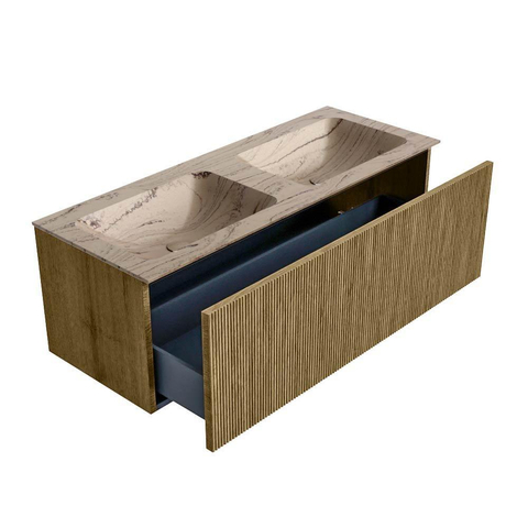 MONDIAZ KURVE-DLUX Meuble de salle de bains 120 cm couleur Dusk avec 1 tiroir et 0 porte. Lavabo LEAF Double 2 trous de robinet Arena. SW1431401