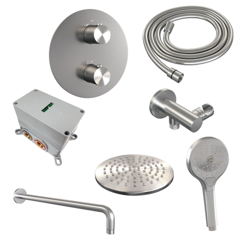 BRAUER Édition Brossée douche pluie thermostatique encastrée - 3 voies - rond - ensemble 81 - douche principale de 20 cm - bras mural courbé - douchette à main 3 positions - flexible de douche - coude mural - inox brossé PVD SW1159159