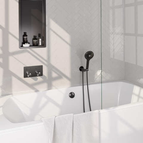 BRAUER Stripe Mitigeur thermostatique baignoire - boutons-poussoirs - SET 04 - encastré - combinaison remplissage baignoire - douchette 3 positions - flexible de douche - coude mural - gunmetal brossé PVD SW1434988