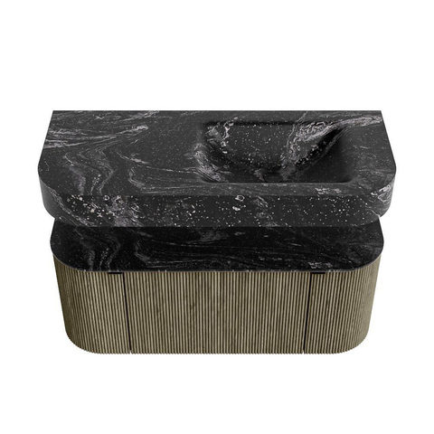 MONDIAZ THOR-DLUX 110cm meuble de salle de bains arrondi gauche + droite couleur Shadow avec 1 tiroir et 2 portes. Vasque suspendue CLOUD droite sans trou de robinet couleur Lava. SW1462875