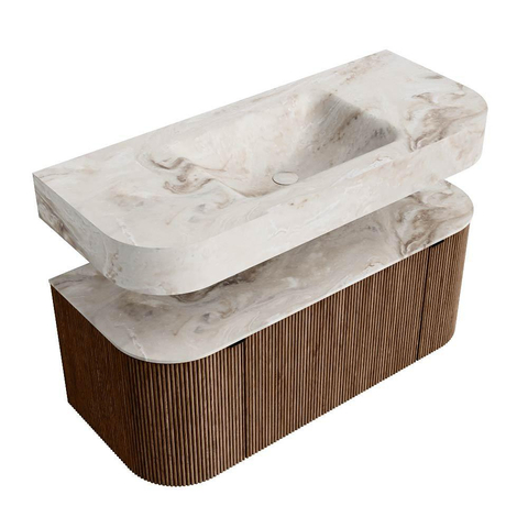 MONDIAZ THOR-DLUX 110cm badmeubel ronding links + rechts kleur Walnut met 1 lade en 2 deuren. Vrijhangende wastafel CLOUD Midden zonder kraangat kleur Frappe. SW1462772