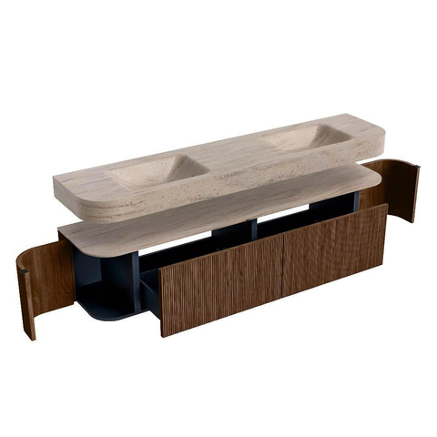 MONDIAZ THOR-DLUX 200cm meuble de salle de bains arrondi à gauche + à droite couleur Noyer avec 2 tiroirs et 2 portes. Lavabo suspendu CLOUD Double 2 trous de robinet couleur Saba. SW1467232