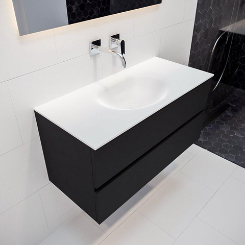 ENSEMBLE DE MEUBLE MONDIAZ VICA - 100cm - 2 tiroirs - lavabo Moon central - 0 trous de robinet - solid surface urban SW410125