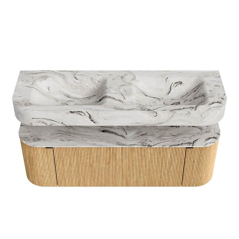 MONDIAZ THOR-DLUX 140cm meuble de salle de bains arrondi gauche + droite couleur Oak avec 1 tiroir et 2 portes. Vasque suspendue CLOUD Double 2 trous de robinet couleur Glace. SW1463945