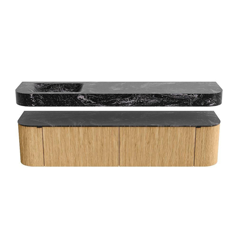 MONDIAZ THOR-DLUX Meuble de salle de bains 190cm arrondi gauche + droite couleur Oak avec 2 tiroirs et 2 portes. Vasque suspendue CLOUD Gauche sans trou de robinet couleur Lava. SW1466386