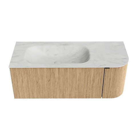 MONDIAZ KURVE-DLUX Meuble de salle de bains 115 cm avec module 25 R couleur Chêne avec 1 tiroir et 1 porte. Vasque BIG SMALL gauche 1 trou de robinet couleur Opalo. SW1137543