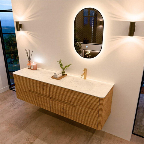 Mondiaz CIRO-DLUX Badkamermeubelset - 170x45x50cm - Solid surface wastafel Opalo - 1 wasbak Rechts - 1 kraangat - 4 lades - Oak SW1530954