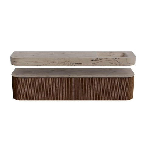 MONDIAZ THOR-DLUX 200cm meuble de salle de bains arrondi gauche + droite couleur Walnut avec 2 tiroirs et 2 portes. Vasque suspendue CLOUD Droite 1 trou de robinet couleur Arena. SW1467066