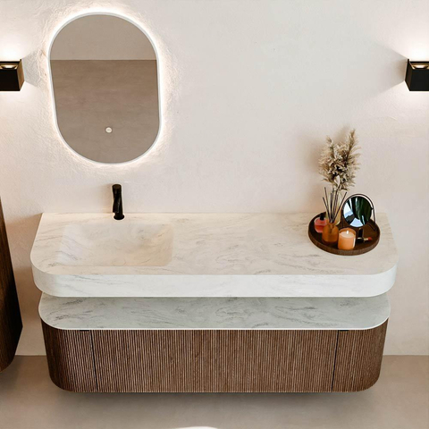 MONDIAZ THOR-DLUX 160cm badmeubel ronding links + rechts kleur Walnut met 1 lade en 2 deuren. Vrijhangende wastafel CLOUD Links 1 kraangat kleur Opalo. SW1465044
