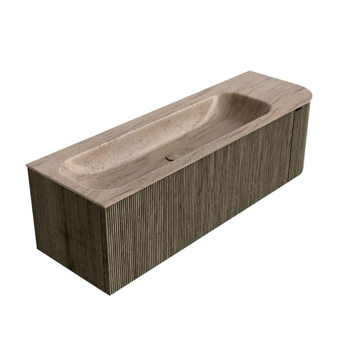 MONDIAZ KURVE-DLUX Meuble de salle de bains 145cm arrondi à droite couleur Shadow avec 1 tiroir et 1 porte. Vasque BIG LARGE à gauche sans trou de robinet Saba. SW1433262